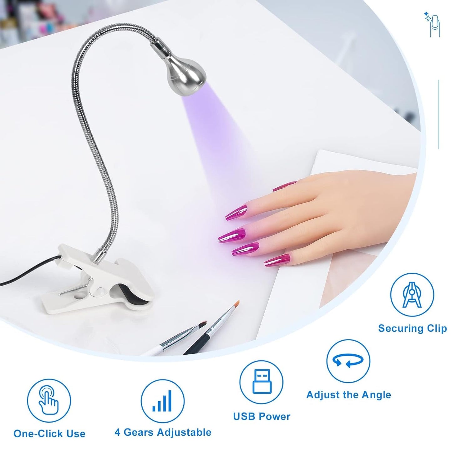 AORAEM U V Nail Lamp - Sliver 3W U V Light for Nails 35NM U V LED Nail Lamp with Gooseneck and Clamp for Gel Nails (AA-Silver)