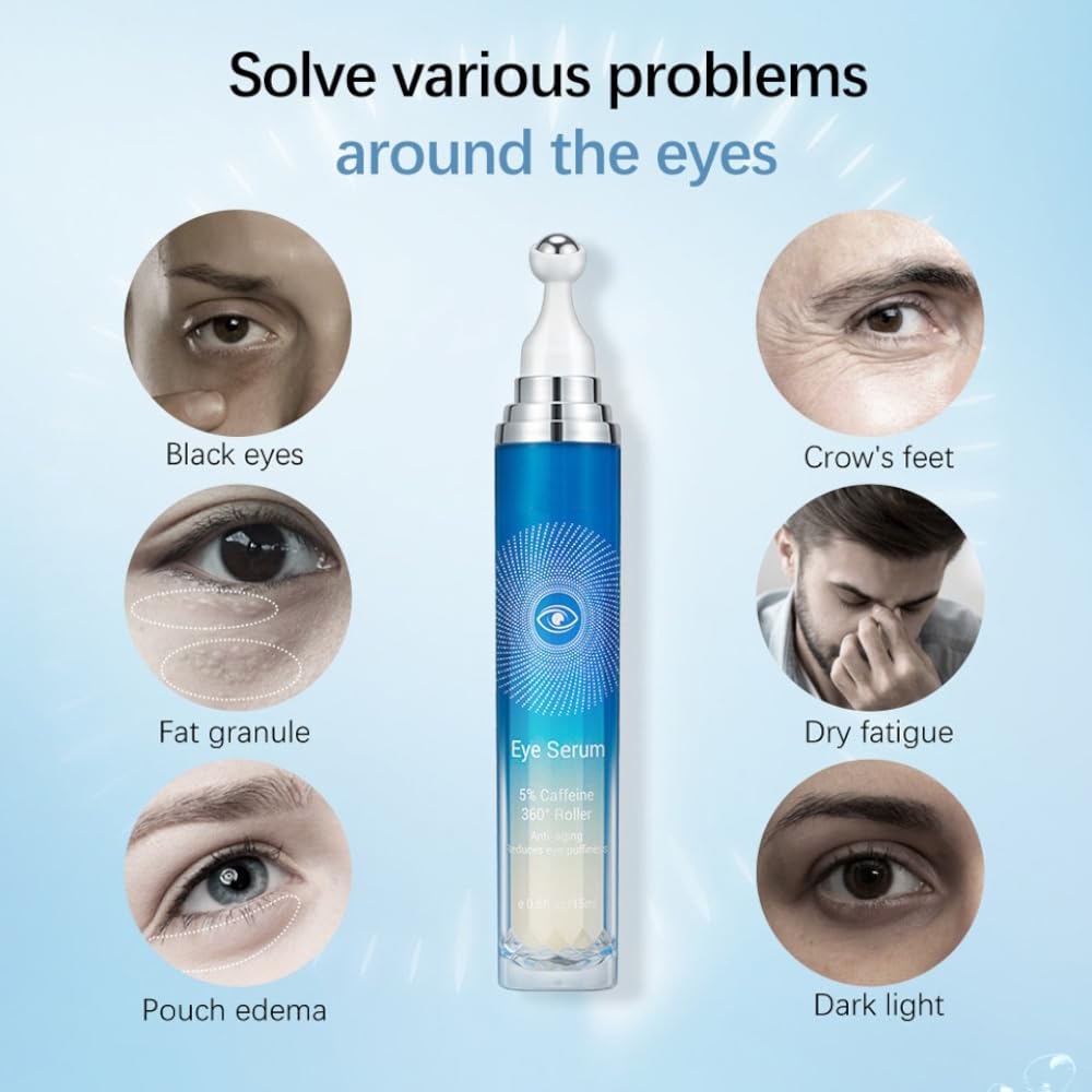 5% Caffeine Eye Serum, Under Eye Roller Cream for Dark Circles, Anti-aging Wrinkles And Firming, 360° Massage Ball Ice Roller For Fine Lines, Bags, Puffy Eyes, Eye Skin Care For Women Men (CAFFEINE)