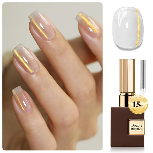 Double Rhythm 0.5 OZ Cat Eye Gel Polish with Magnet 15ML Holographic Glitter Shimmer Translucent Jelly Color Magnetic Polish Salon DIY at Home (Jelly Gold-MC1106)