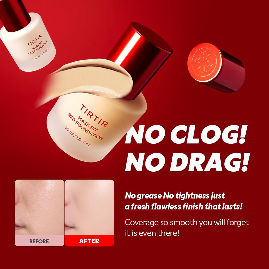 TIRTIR Mask Fit Red FoundationㅣLong Lasting Flawless Coverage, Energy Essence, Lightweight, Hydrating, Pore-Blurring, Breathable Satin Finish, Makeup, Radiant Skin, #10C Shell, 1.01 Fl Oz