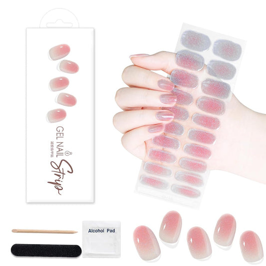 WOKOTO 1 Sheet Semi Cured Gel Nail Strips With Wood Stick, Nail File & Prepared Pads, 20 Tips Shimmery Pink Ombre Semi Cured Nail Polish Strips Stickers, Harden With UV Light Gel Nail Stickers Wraps