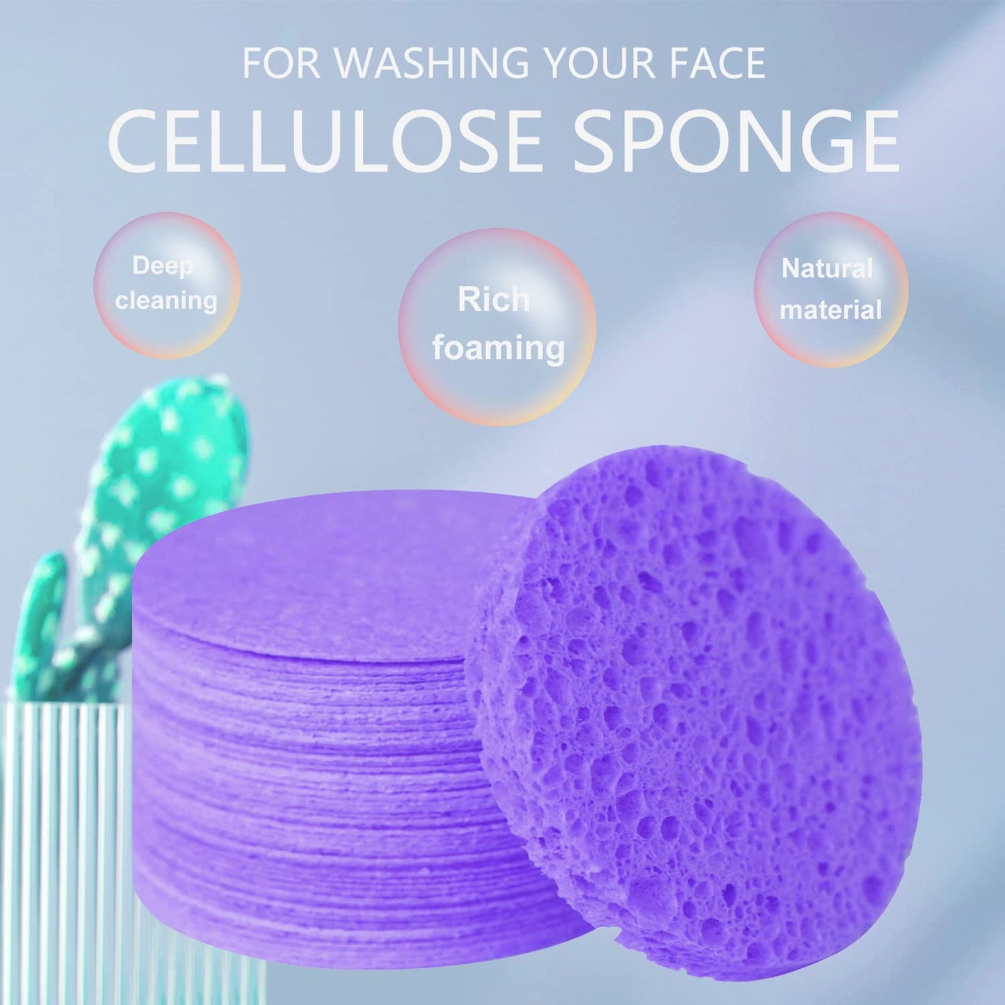 100-Count Facial Sponges Compressed Natural Cellulose Sponge Round Shape Face Sponge for Face Cleansing Exfoliating and Makeup Removal, Purple