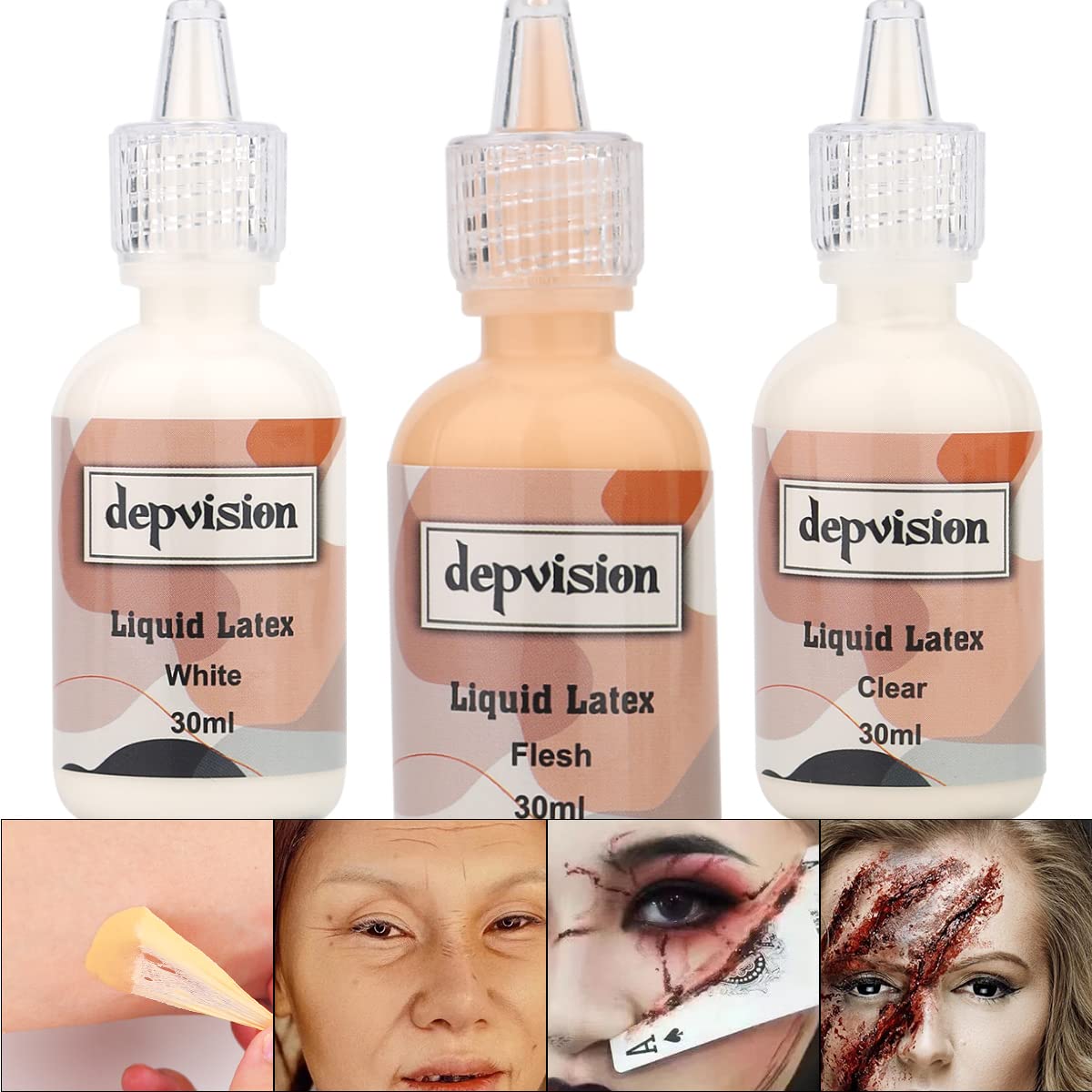 Depvision Liquid Latex 3 Colors Set White Fresh Clear Color For Special Effects Wound Waterproof Professional Makeup Artist Skin Illustrator SFX Monster Zombie (30ml * 3 color)