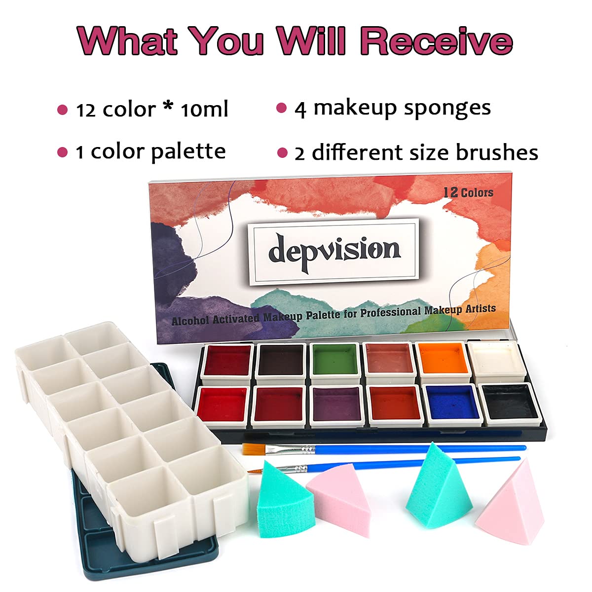 Depvision Alcohol Activated Face Paint SFX Makeup 12 color for Special Effects Wound Bruise Waterproof Professional Makeup Artist with Color Palette Sponges Brushes Skin Illustrator