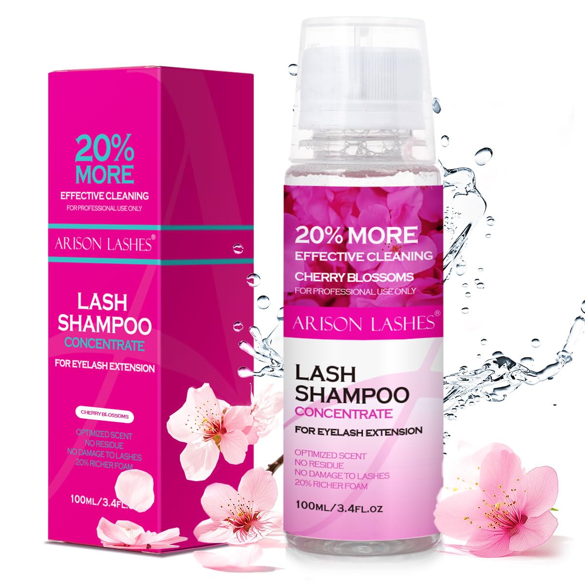 ARISON LASHES Lash Shampoo Concentrate for Lash Extensions 100ML Eyelash Cleanser Concentrate Oil-Free Eyelash Extension Shampoo with Salon Home Care(Cherry Blossom)
