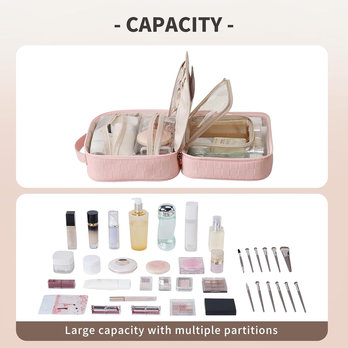 RIGHT AWAY Travel Toiletry Bag for Women, Waterproof Makeup Bag&Case, Portable Cosmetic Organizer Checkered Make up Bag for Full Sized Toiletries，Cosmetics and Travel-Size Accessories,Pink Checkered