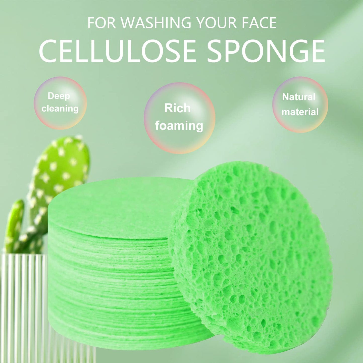 50-Count Facial Sponges Compressed Natural Cellulose Sponge Round Shape Face Sponge for Face Cleansing Exfoliating and Makeup Removal, Green
