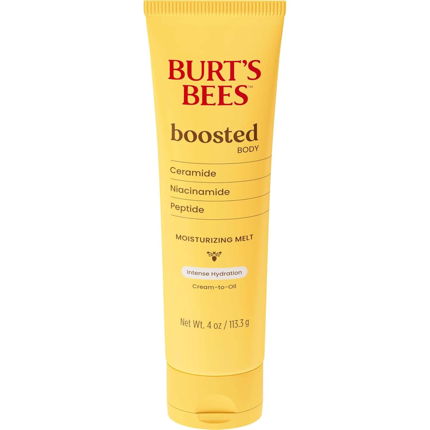 Burt's Bees Boosted Body Moisturizing Melt With a Ceramide, Niacinamide and Peptide Complex, Intense Skin Hydration, Cream-to-Oil Body Lotion Helps Support Skin Barrier, Tropical Scented, 4 oz. Tube