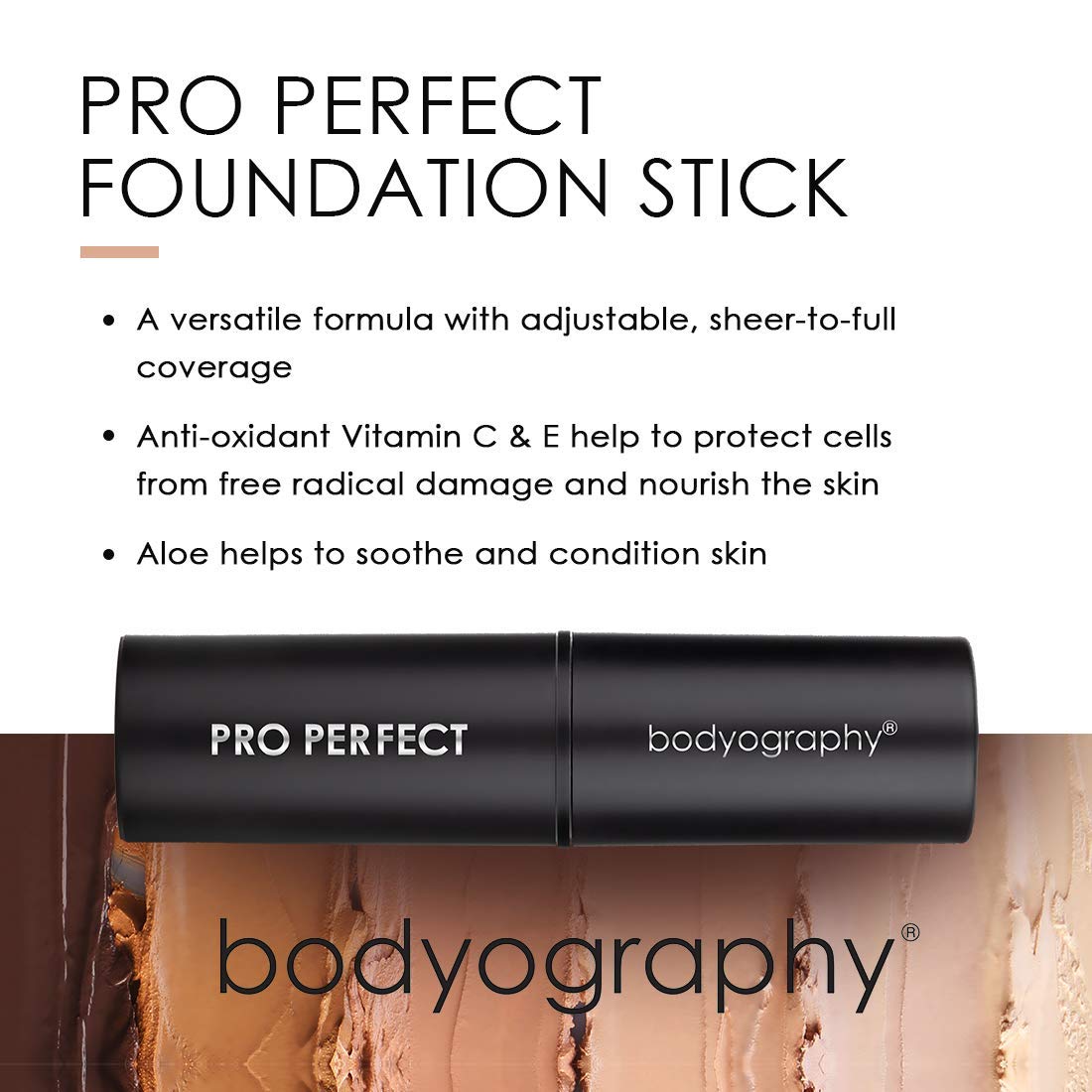Bodyography Pro Perfect Foundation Stick - Demi-Matte Finish with A Natural Look - Enhancer for Concealing, Highlighting, and Contouring - Vitamin C & E (Chai)