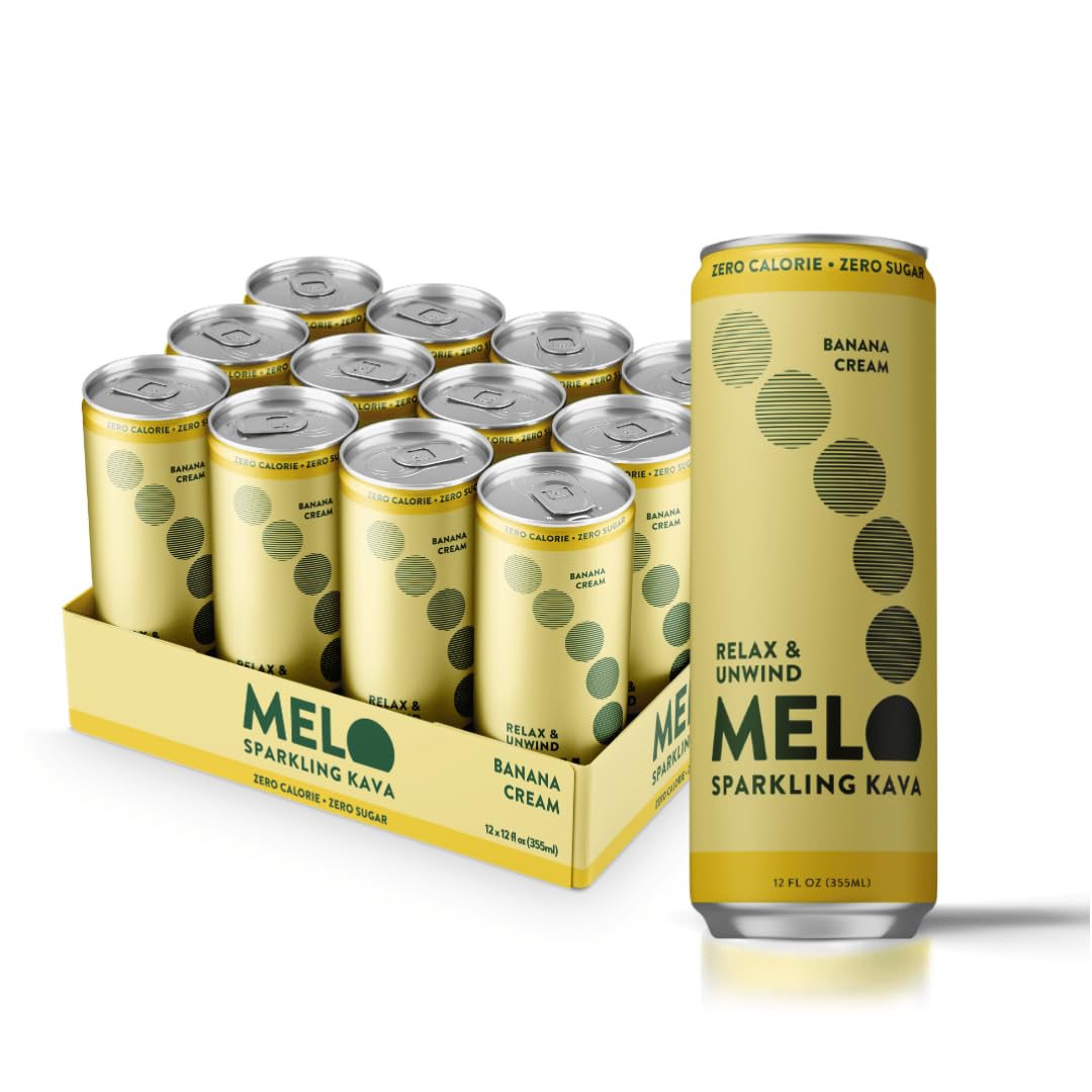 Melo Sparkling Kava Drink, Banana Cream, Sugar Free Non Alcoholic Drinks with Zero Calories, Gluten Free, Vegan, 100% Natural Mocktail with 750mg Kava Root per Drink, 12 Pack, 12 oz Cans
