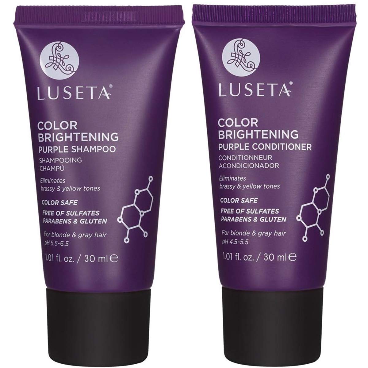 Luseta Color Brightening Purple Shampoo and Conditioner Travel Kit for Blonde and Gray Hair -Infused with Cocos Nucifera Oil to Help Nourish, Moisturize and Condition Hair, 2x1.01oz