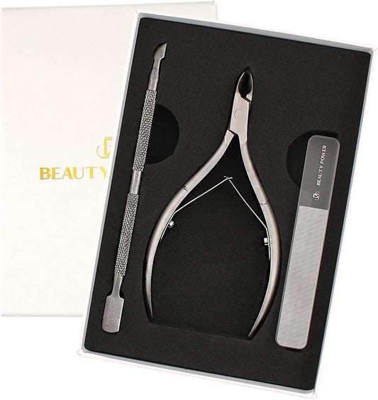 Cuticle Trimmer with Cuticle Pusher & Nano Nail File - Cuticle Nipper Cuticle Remover Nippers Professional Stainless Steel Clippers Pedicure Manicure Tools for Fingernails