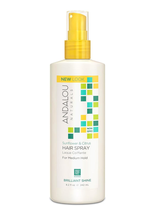 Andalou Naturals Sunflower & Citrus Brilliant Shine Hair Spray | Styling for Shine & Medium Hold | Aloe Vera for Frizz Control | Natural & Cruelty Free | 8.2 fl oz