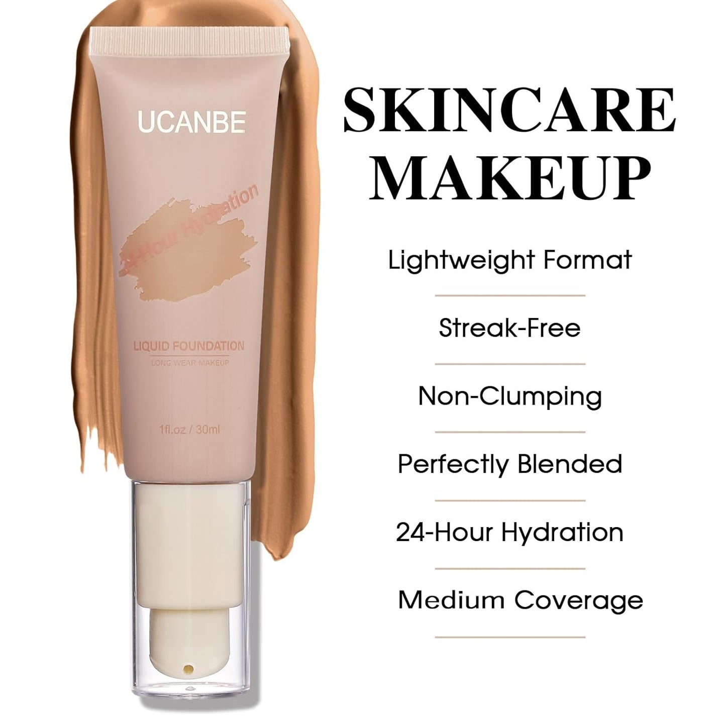 UCANBE Matte Liquid Foundation with Brush, Skincare Serum Foundation Face Makeup with Hyaluronic Acid, Medium to Full Coverage Waterproof Oil Control Longwear, for Mature Skin, Cashew, 1 fl. oz.