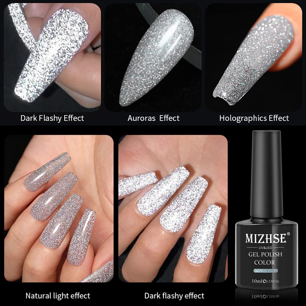 MIZHSE Reflective Glitter Gel Nail Polish, Silver Nail Gel Sparkly Shiny Gel Polish, Soak Off Nail Art Salon Varnish for Beginners Manicure DIY at Home