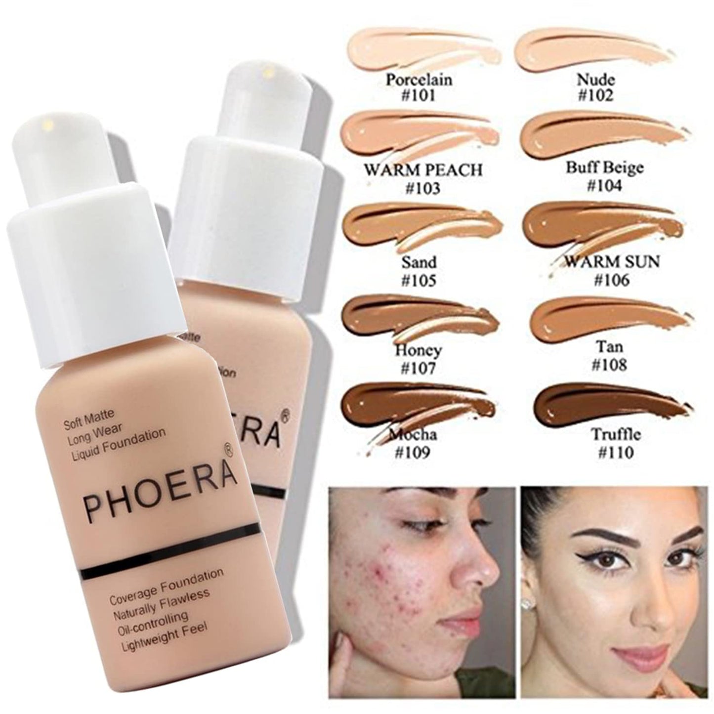 PHOERA Foundation,3 PCS Contour Stick Makeup Kit, Shades with Highlighter Stick, Blush Stick and Bronzer Contour Stick for Sculpt the Cheeks (104+105+Light-Medium Contour/Buff Beige+Sand+#02,#10,#12)