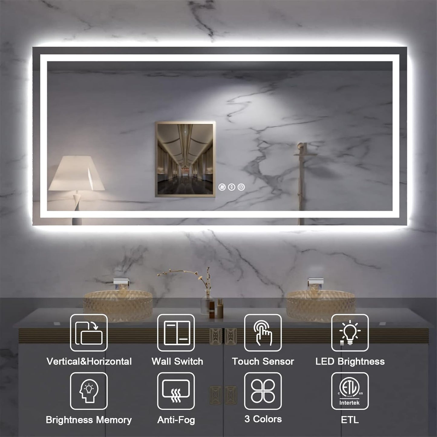 Amorho LED Bathroom Mirror 68"x 36" with Front and Backlight, Stepless Dimmable Vanity Mirrors with Anti-Fog, Shatter-Proof, Memory, 3 Colors, Large Lighted Mirrors for Wall