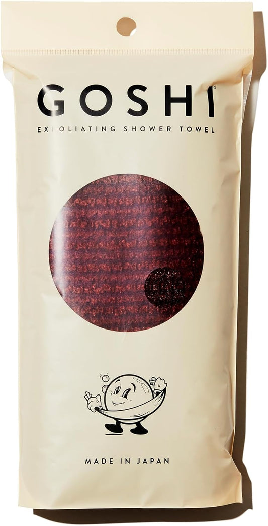GOSHI Exfoliating Shower Towel - Rip-Resistant Exfoliating Washcloth for All Skin Types - Brick Red - Made in Japan