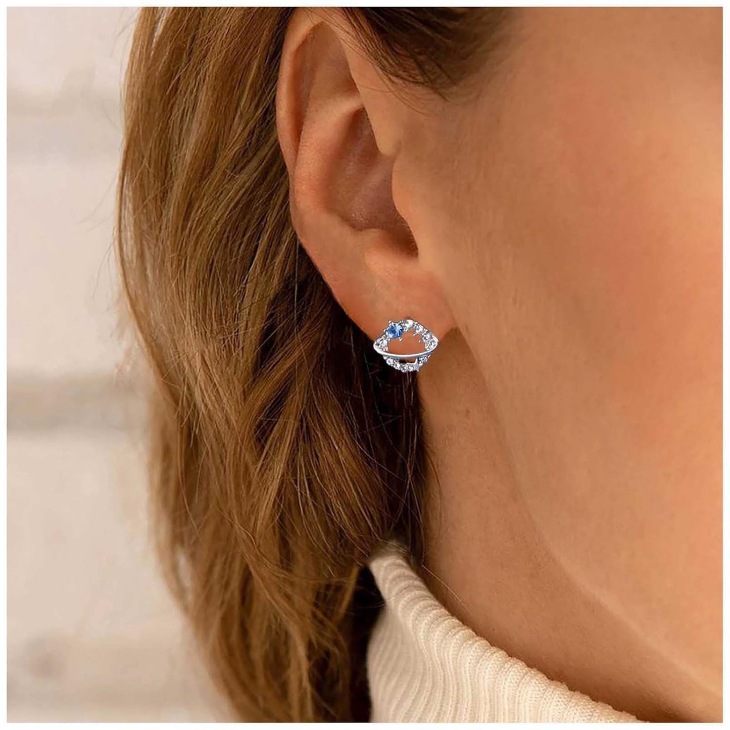 Boho Crystal Saturn Earrings Cz Orb Planet Earrings Silver Rhinestone Circle Earrings Tiny Sapphire Stud Earrings Jewelry for Women and Girls