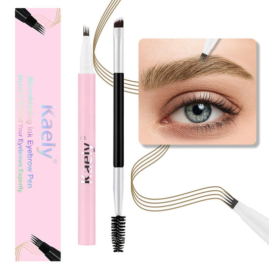 evpct 1Pcs Light Brown Magic Microblading Eyebrow Contouring Pen Brow Pencil, with 4 Brush Micro-Fork-Tips Precise Applicator, Dual-ended Eyebrow Brush, Hair Like Strokes, Natural Looking Brows