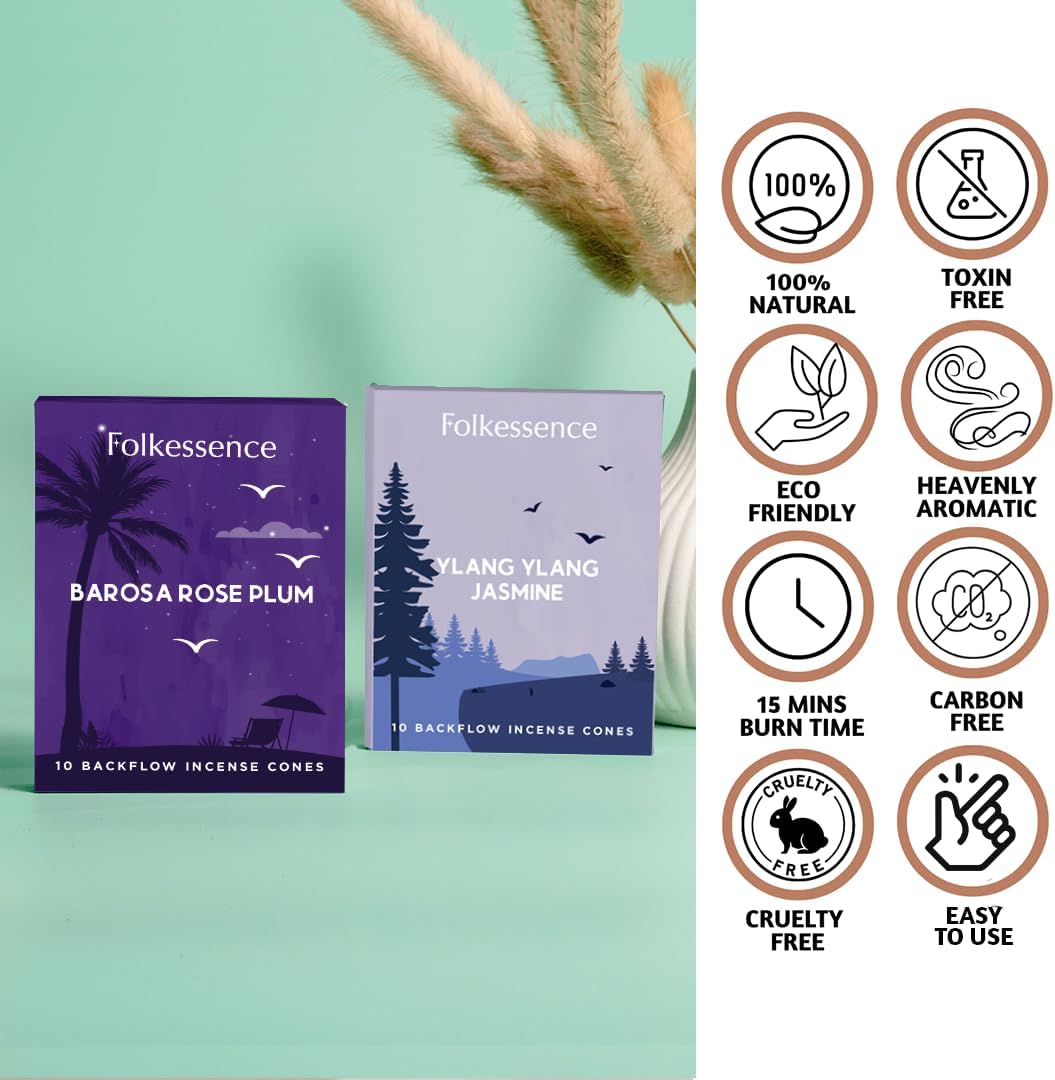 Folkulture Backflow Incense Cones for Home | Pack of 2 (20) Waterfall Sleep Incense Cone Scented | Dual Set - Ylang Ylang & Jasmine | Natural Fragrances | Barossa Rose Plum Incense