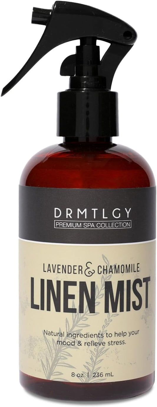 DRMTLGY Natural Lavender Linen Mist and Room Spray. Pure Lavender Essential Oil and Chamomile Pillow Spray, and Fabric Aromatherapy Spray, 8 oz