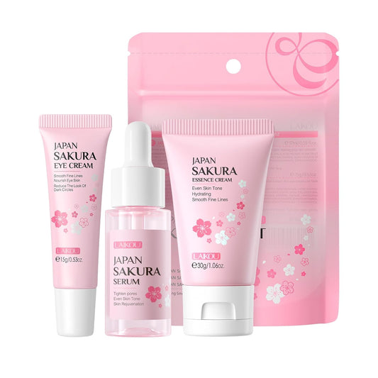Skin Care Set JAPAN SAKURA Women Beauty Gift Sets Skin Care Kit with Serum, Eye Cream, Face Cream Travel Kit for Women Wife Mom Teen Girls TSA-friendly Sizes Birthday Gift 3pcs