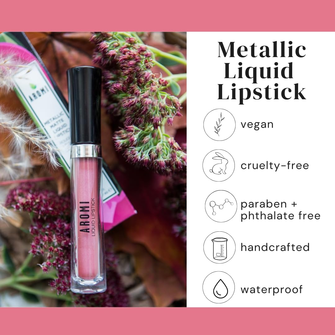 Aromi Metallic Liquid Lipstick | Rosy Peach Lip Color with Shimmery Finish, Vegan. Cruelty-free, Long-lasting and Smudge Proof, Gluten Free (Pumpkin Spice)