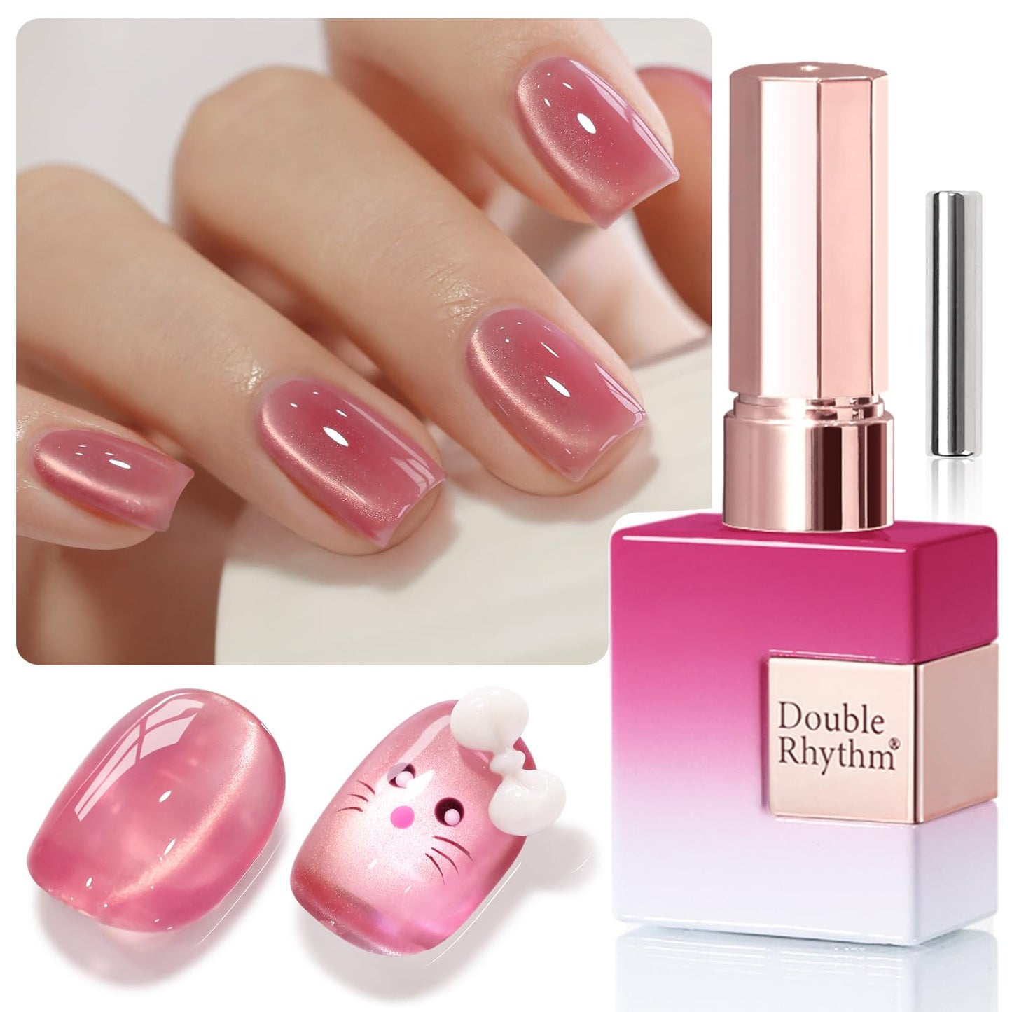 Double Rhythm 0.5 Oz Cat Eye Gel Polish with Magnet Same Color Same Bottle Holographic Glitter Shimmer Translucent Color Salon 15 ML Magnetic Nail Art (Rose Pink-MC1182)
