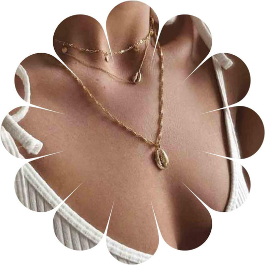 Boho Coin Disc Necklace Choker Gold Layered Shell Pendant Necklace Vintage Seashell Necklace Retro Singapore Chain Necklace Jewelry for Women Gifts