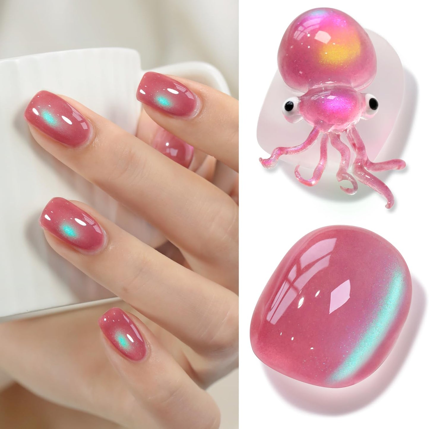 Double Rhythm Jelly Glass Cat Eye Gel Polish with Magnet 15ML Holographic Glitter Shimmer Translucent Sheer Color Magnetic Nail Polish Salon DIY at Home (Pink Teal-MC1267)