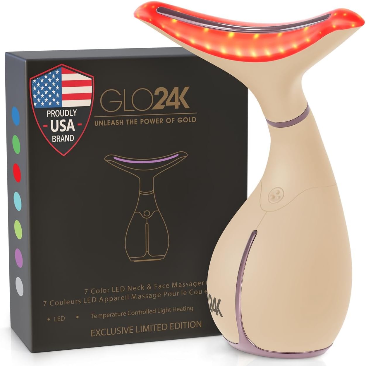 GLO24K 7 Color Beauty Device – Triple LED Action & Vibration Technology Facial and Neck Massager