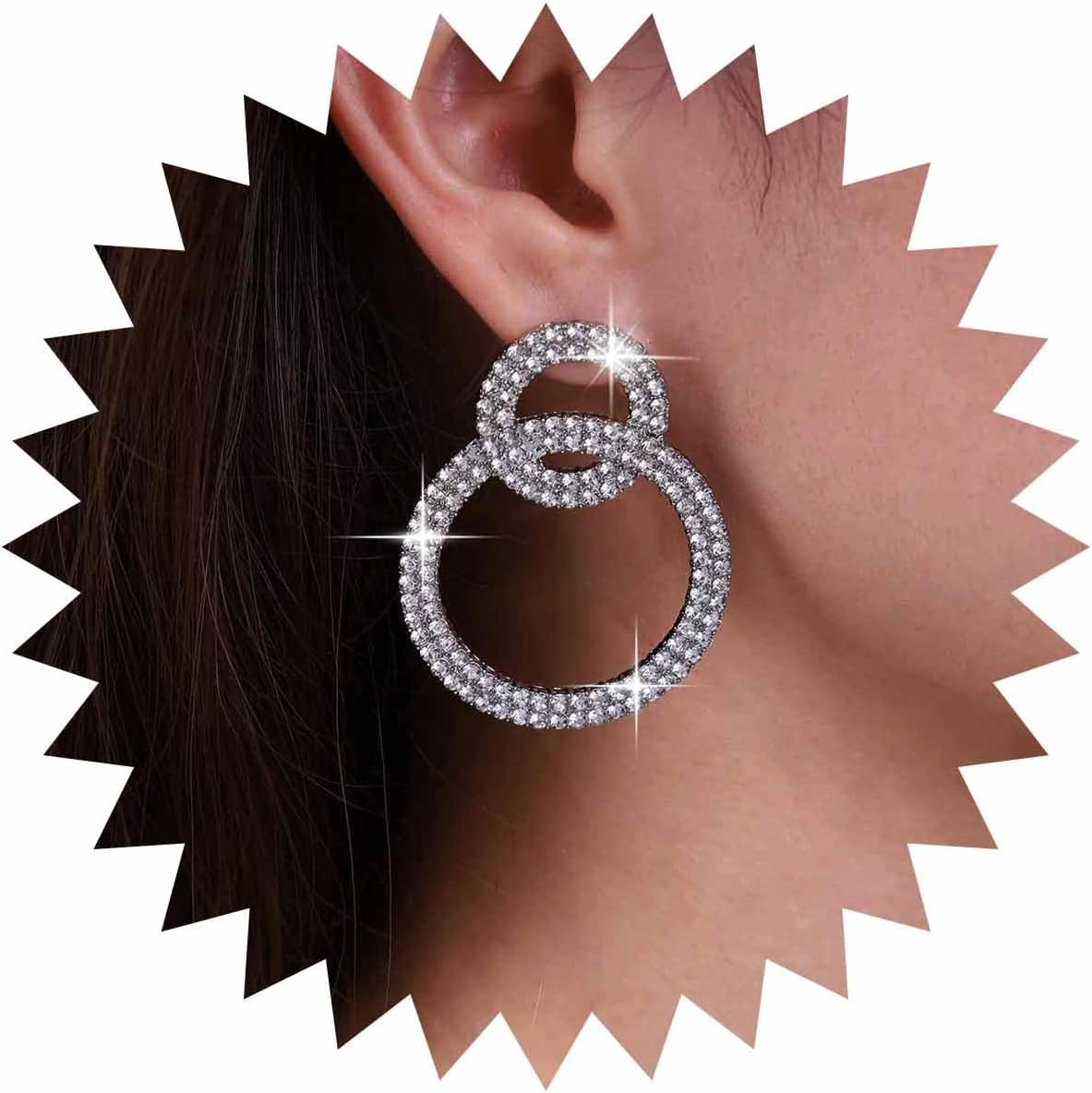 Vintage Crystal Circle Drop Earrings Double Circle Hoop Earrings Gold Cz Circle Dangle Earrings CZ Hollow Circle Earrings Jewelry for Women