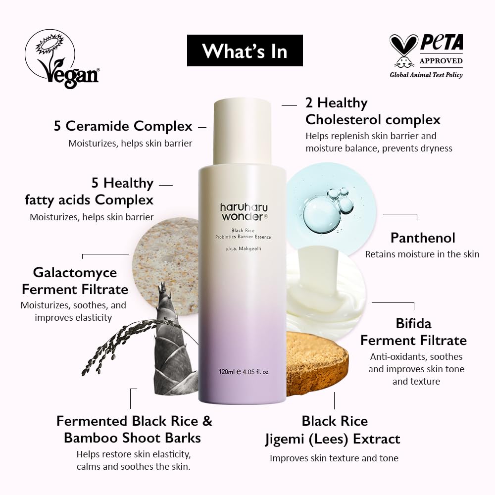 haruharu Wonder Black Rice Probiotics Barrier Essence 4.05 fl. oz., Essence Toner to Strengthen Skin Barrier with Ceramides, Fermented Ingredients, Milky Essence, Moisturizing, Plumping