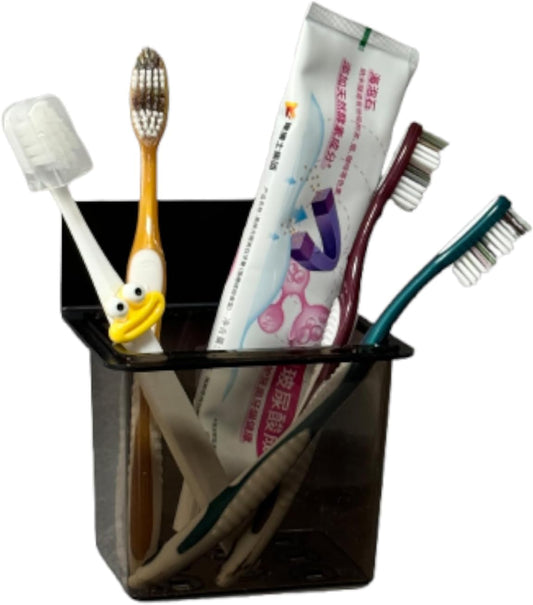 Toothbrush Holder Toothpaste Holder with Wall Mount for Family, Metal Frame & Plastic Black Bathroom Organizer Set with Adhere Tape for Bathroom -one Pack