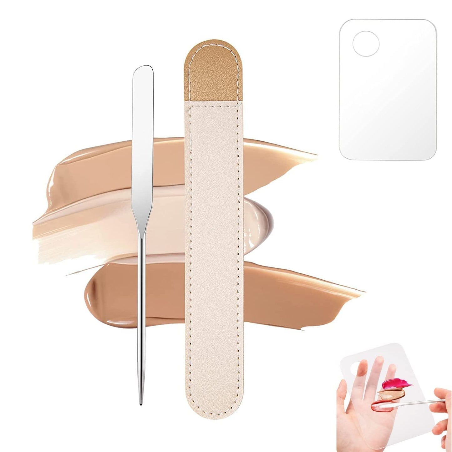 Foundation Spatula, 3-Pack Acrylic Nail Art Palette Oblique Round Head Stainless Steel Makeup Spatula for Woman Professional Facial Makeup Tools Makeup Mixing Palette