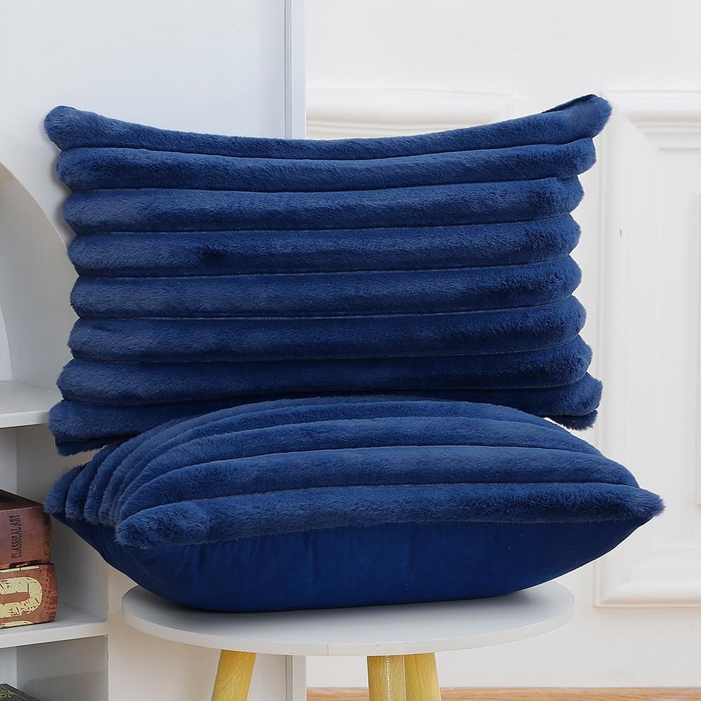 MADIZZ Set of 2 Faux Wool Plush Decorative Throw Pillow Covers 12x20 Inch Blue Fluffy Striped Soft Decorative Cushion Cover for Sofa Bedroom Pillow Shell