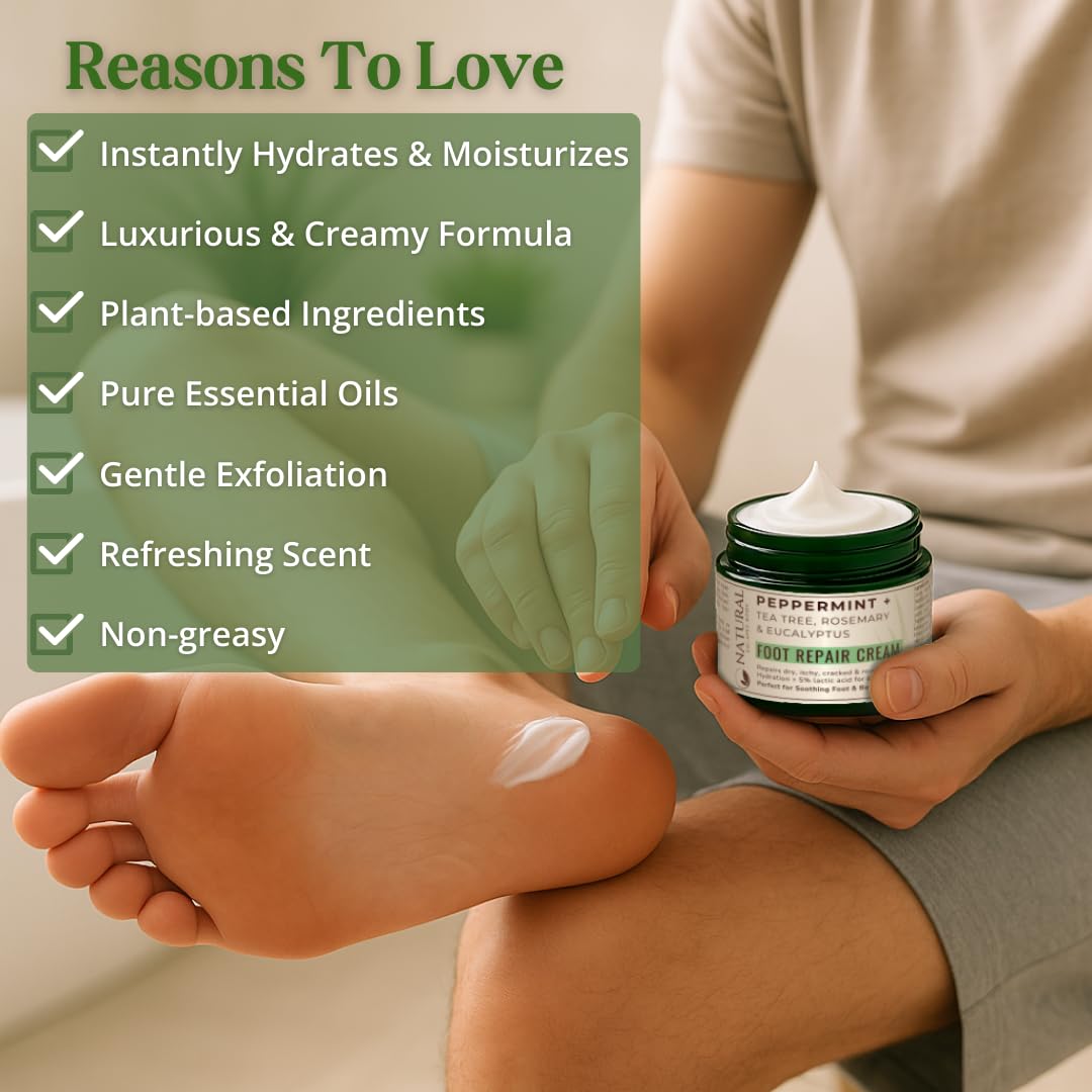 Peppermint + Rosemary, Eucalyptus & Tea Tree Foot Cream for Dry Cracked Heels and Feet - Moisturizing Foot Lotion for Cracked Heel Repair - Callus Remover with Lactic Acid (4 oz)