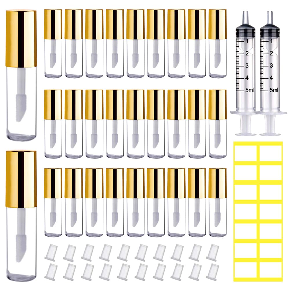 AMORIX 50PCS Mini 1.2ml Lip Gloss Tubes with Wand Empty Lip Gloss Containers Refillable Travel Lip Balm Tubes for Samples with 5ml Syringes DIY Lip Gloss Base + Labels (Gold)