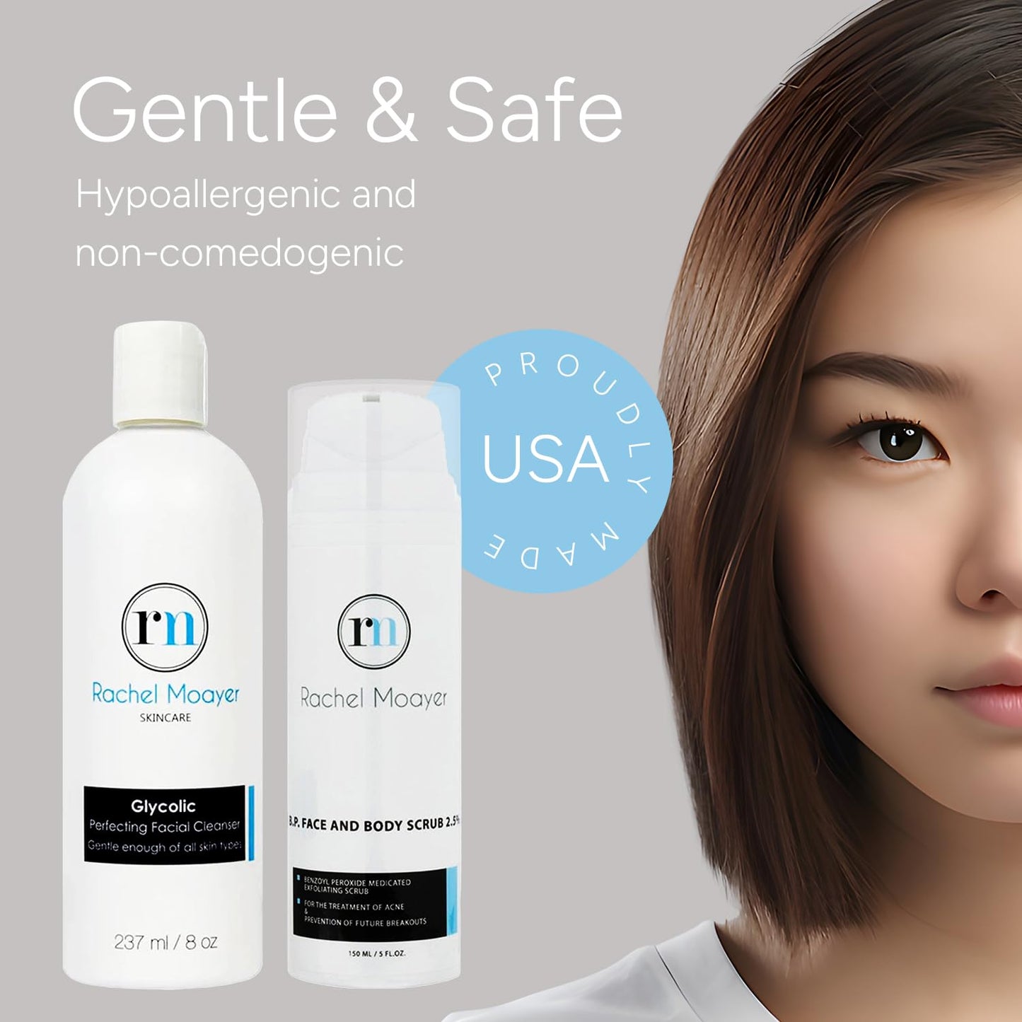 Rachel Moayer Skincare Cleansing Essentials Bundle includes RM Perfecting cleanser and RM BP Face & Body Scrub 2.5%