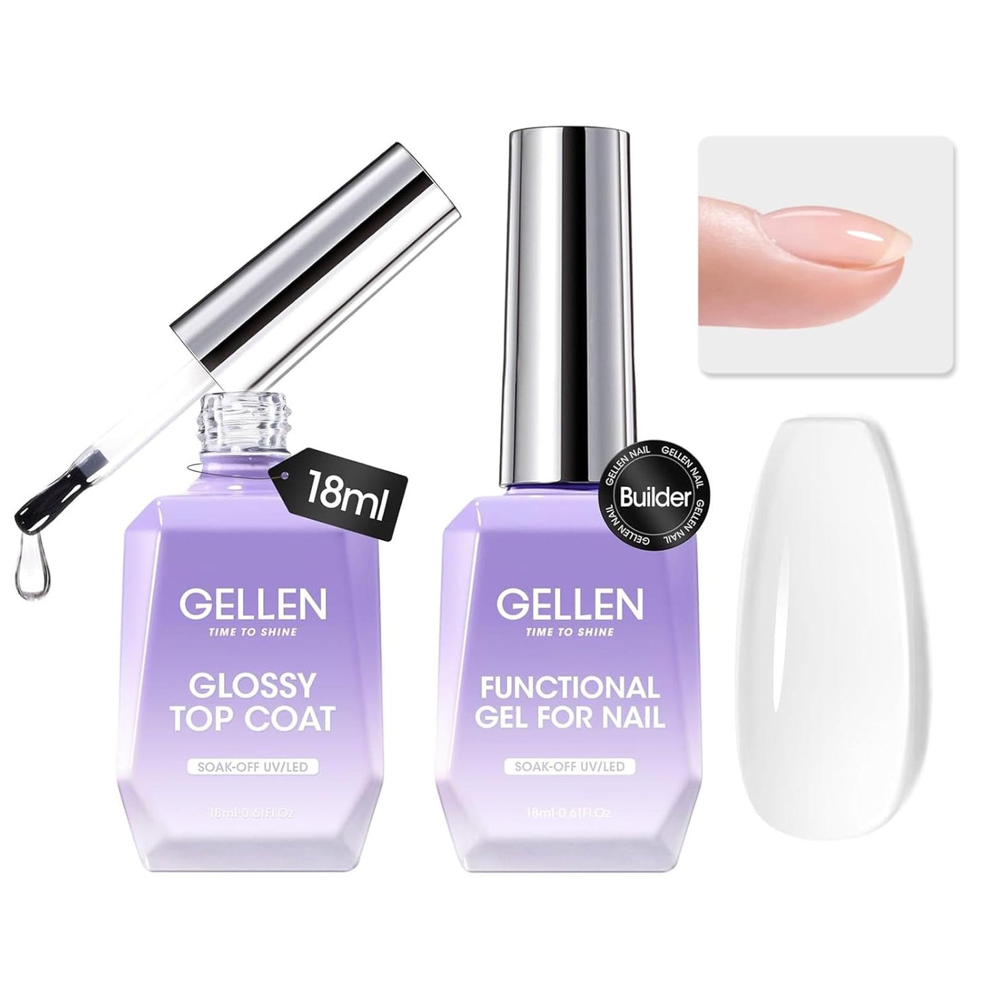 GELLEN Builder Gel for Nails and No Wipe Top Coat, 2Pcs 18ml Nail Builder Gel for Nail Extension & Strengthen and Glossy Top Coat