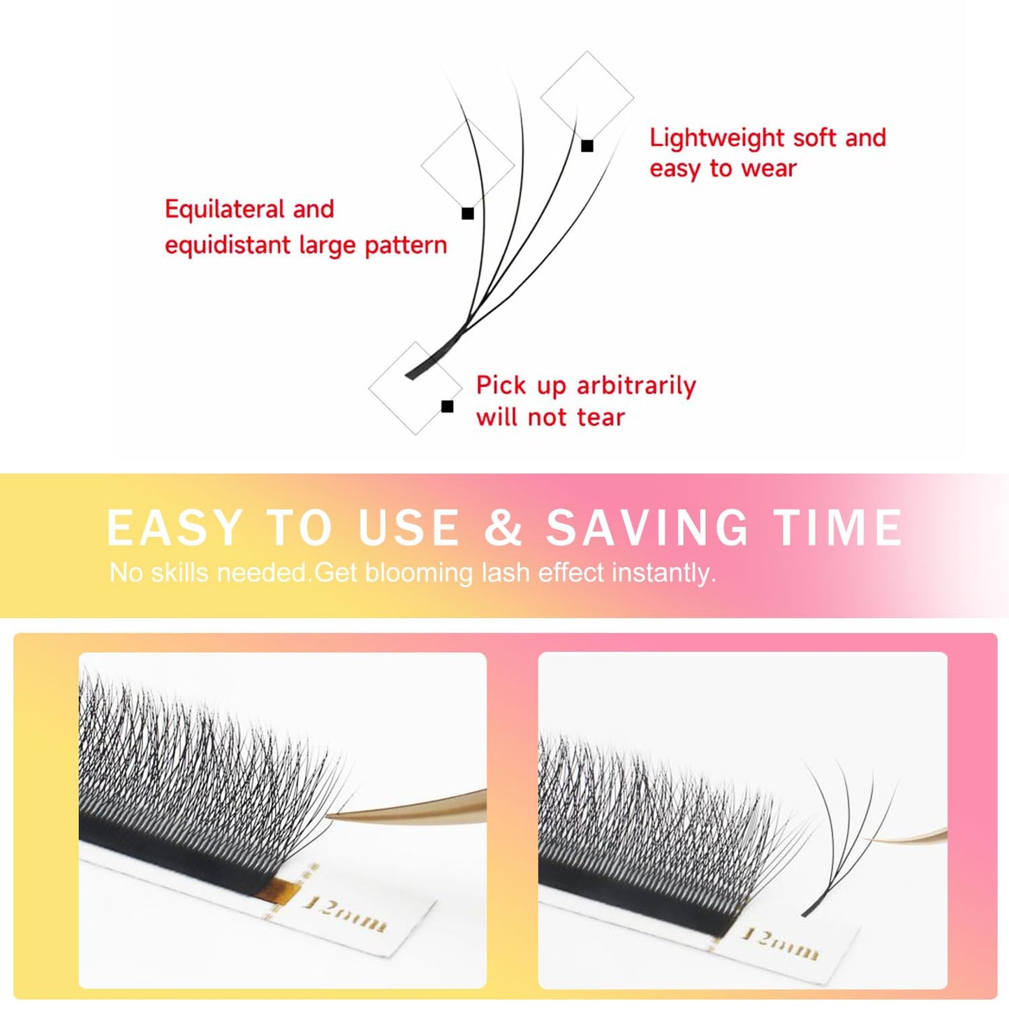 W Lash Extensions Supplies 4D Eyelash Extensions W Shape 0.07mm Thickness C Curl 11mm Premade Fans Easy Fan Lashes Volume Matte Black 12 Rows Crisscross Eye Lashes(W-4D-0.07-C,11mm)