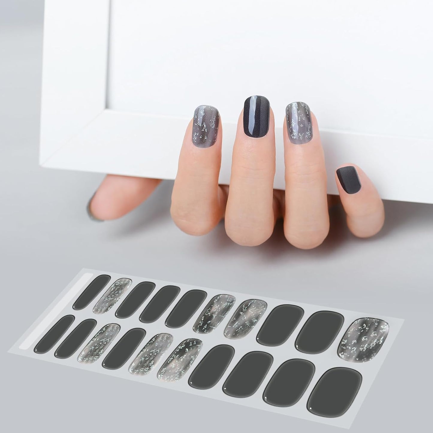 WOKOTO 1 Sheet Semi Cured Gel Nail Strips With Wood Stick, Nail File & Prepared Pads, 20 Tips Black Glitter Semi Cured Nail Polish Strips, Harden With UV Light Gel Nail Wraps Stickers For Women Girls