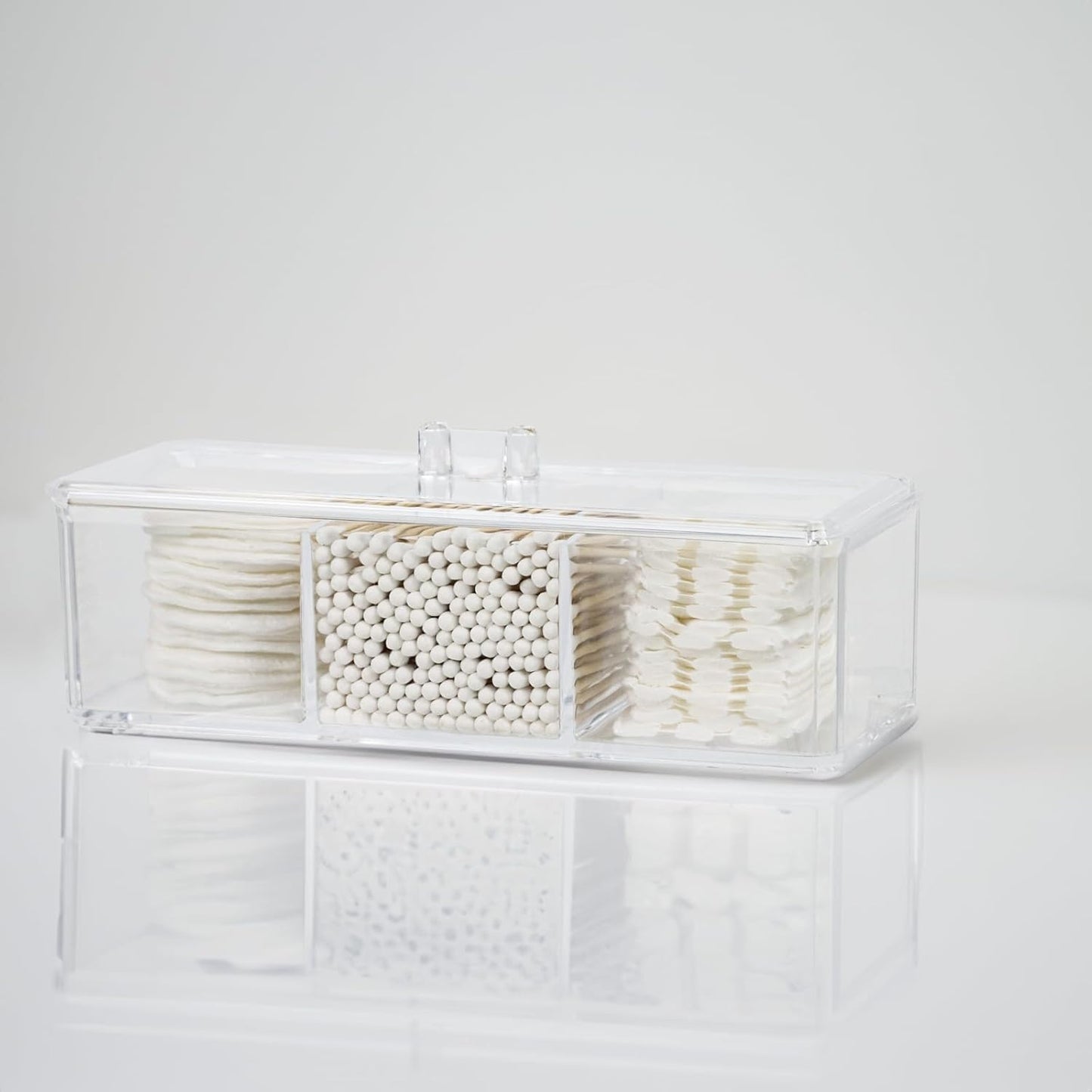 Clear Bathroom Dresser Organizer - Cotton Ball Swab Holder with 3 Divided Compartments&Lid, , Waterproof Transparent Small Plastic Storage Containers, Vanity Makeup Organization