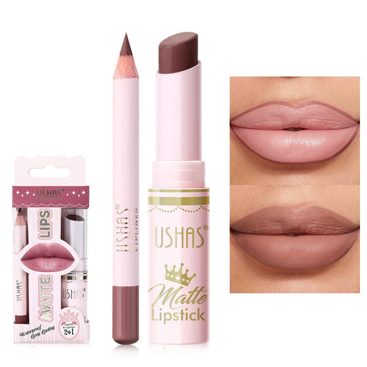 USHAS Lipstick and Lip Liner Combo Set 2 in 1 Waterproof Lipstick and 24H Lip liner Set Long Lasting Lipsticks for Women, Matte Lipstick Pen with Lip Liner Makeup Kits Set (S14, Pack of 1)