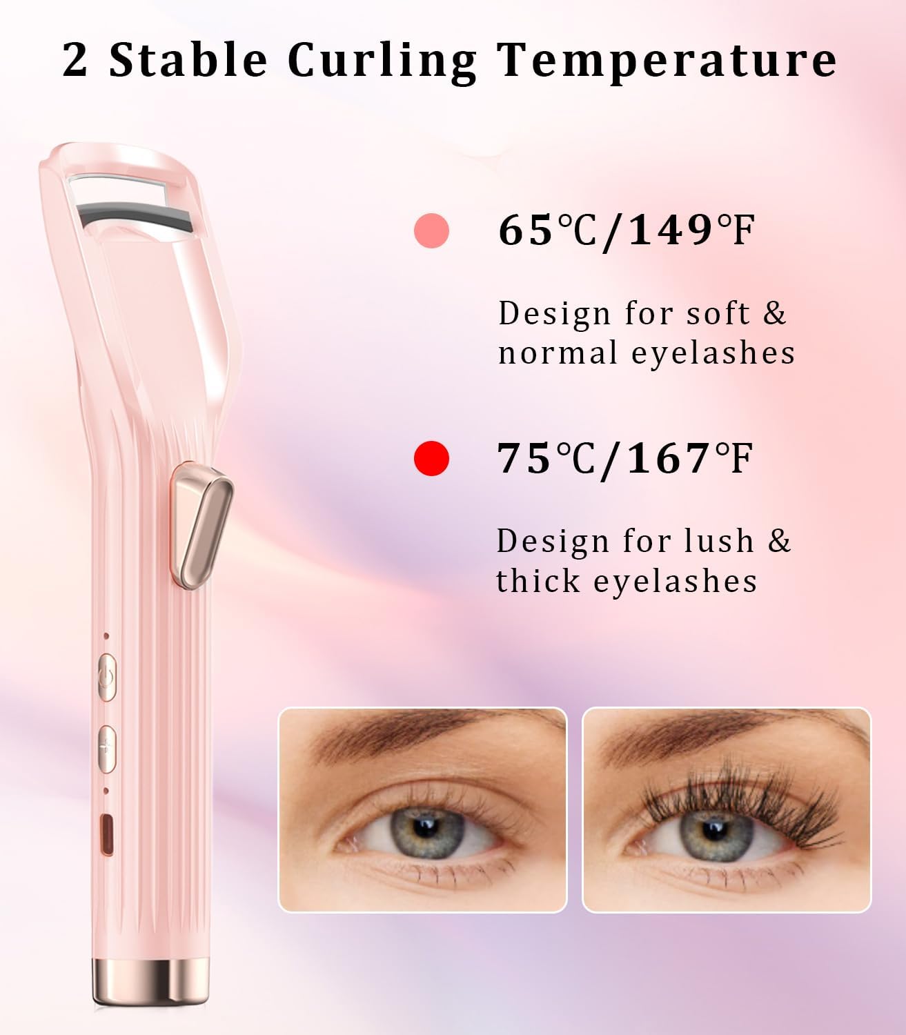 Heated Eyelash Curler Premium PRO - Fast Heat up in 8s - 24 Hours Long Lasting - Rechargeable Electric Eyelash Curler with Type-C, Innovative L Silicone, 2 Heat Modes, Anti-Burn Eyelid, Pink-CC
