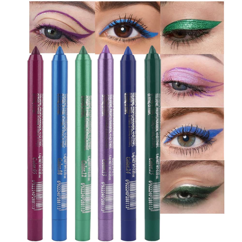 evpct 6Pcs Dark Light Royal Blue Emerald Green Purple Colored Glitter Eyeliner Pencils Set Women Waterproof