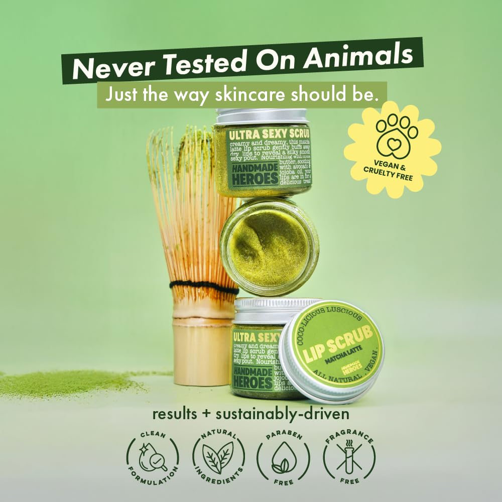 Handmade Heroes Matcha Latte Lip Scrub 1oz 100% Natural Vegan Skin Care Deep Conditioning Lip Scrub for Dry Lips with Jojoba Oil Avocado Oil - Natural Lightening Lip Exfoliator & Lip Plumper