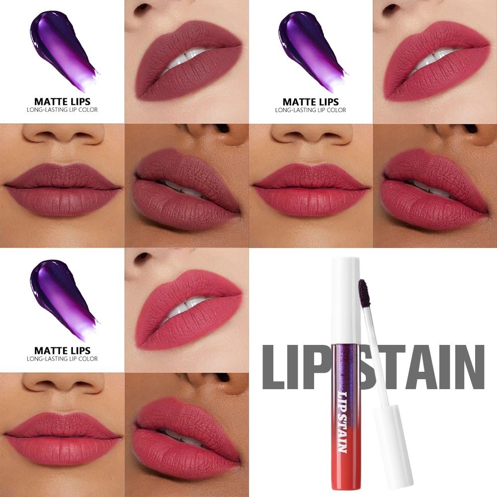 evpct 3Pcs Peel Off Lip Stain Tints, Maroon Red Mauve Matte Liquid Lipstick Lip Stain Long Lasting Waterproof for Women, Non-stick Cup Lipstick Peel Off Highly Pigmented Not Faded Smudge-proof Liptint