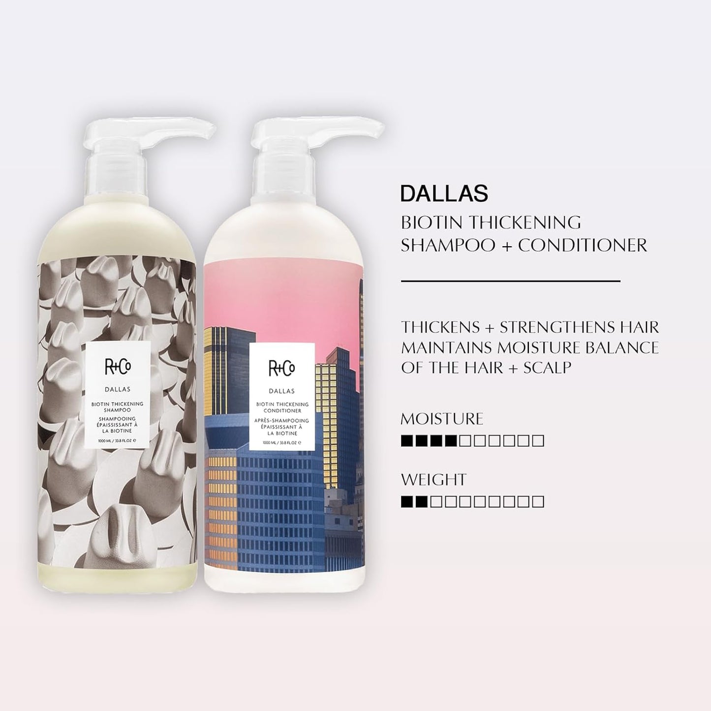 R+Co Dallas Biotin Hair Thickening Shampoo and Conditioner Set (33.8 Oz) + Deluxe Sample (.5 Oz) | For Hair Growth | Sulfate-Free | Vegan + Cruelty-Free |